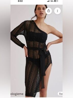 Anthropologie Black One-Shoulder Sheer Knit Cover-Up with Waist Tie NWOT